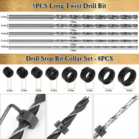 Topshelf 39 Piece Countersink Drill Bit And Wood Plug Cutter Set With Deburring Tool 5PC Long Twist Drill Bit Set and Collar.