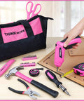 Pink Tool Set For Women 122 Piece With 3.6V Rotatable Electric Screwdriver Easy Carry Round Pouch Home Maintenance DIY Kit