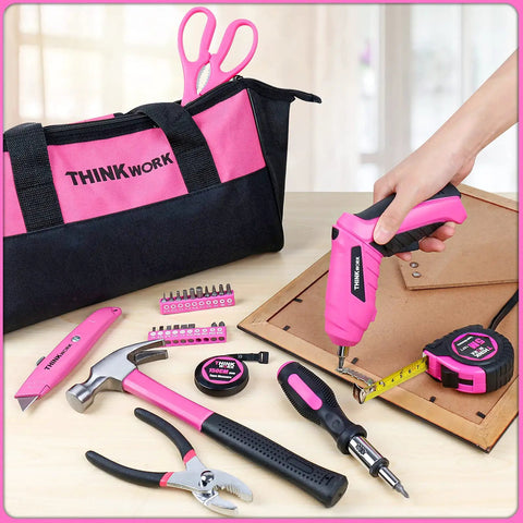 Pink Tool Set For Women 122 Piece With 3.6V Rotatable Electric Screwdriver Easy Carry Round Pouch Home Maintenance DIY Kit