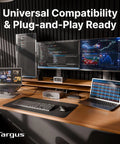 Top Shelf Triple 8K Thunderbolt 5 Docking Station With 140W EPR Rapid Charge, Heavy Hitter 80Gbps Data Rates, Four Extra USB-A Ports, And Dead Simple Plug And Play Setup For Pros on a modern desk with multiple monitors.