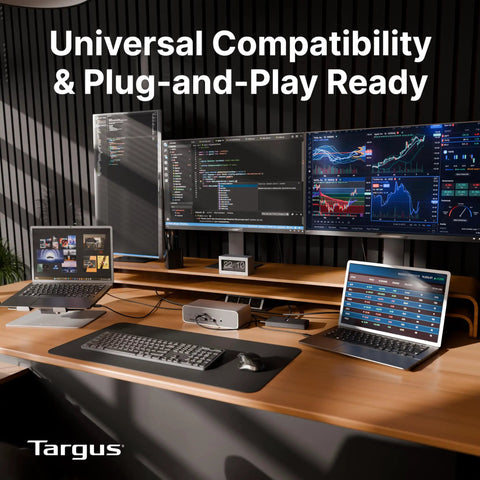 Top Shelf Triple 8K Thunderbolt 5 Docking Station With 140W EPR Rapid Charge, Heavy Hitter 80Gbps Data Rates, Four Extra USB-A Ports, And Dead Simple Plug And Play Setup For Pros on a modern desk with multiple monitors.