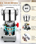 Heavy Duty 800G Electric Grain Grinder Mill 2000W Swing Type High Speed Pulverizer For Dry Cereals Spices Coffee Pepper And More 110V showing stainless steel blade and aluminum body.