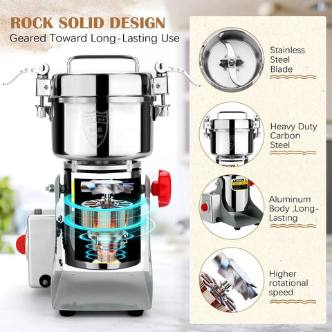 Heavy Duty 800G Electric Grain Grinder Mill 2000W Swing Type High Speed Pulverizer For Dry Cereals Spices Coffee Pepper And More 110V showing stainless steel blade and aluminum body.