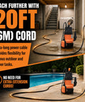 Grab And Go Submersible Utility Pump With Automatic Float Switch No Sweat Water Extractor For Garden Ponds And Pool Draining Plus Basement Flood Cleanup One Half HP 1320 GPH Handles Dirty Or Clean Water Smoothly Uses 20 Foot Cord showcasing pump setup with 20-foot power cord indoors and outdoors.
