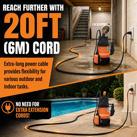 Grab And Go Submersible Utility Pump With Automatic Float Switch No Sweat Water Extractor For Garden Ponds And Pool Draining Plus Basement Flood Cleanup One Half HP 1320 GPH Handles Dirty Or Clean Water Smoothly Uses 20 Foot Cord showcasing pump setup with 20-foot power cord indoors and outdoors.