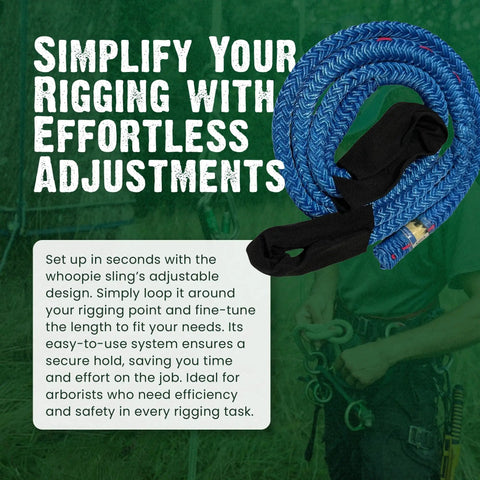 Arborist Whoopie Sling One Half Inch By Three To Five Feet Rigging Sling for tree climbing shown coiled with black sleeve.