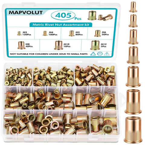 405 Piece Metric Rivet Nut Kit With M3 To M12 UNC flat head nutserts in zinc plated carbon steel in storage case