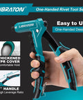 One-Handed Pop Rivet Gun Kit With 200 Rivets, 4 Drill Bits, And 4 Tool-Free Interchangeable Heads in hand showing ergonomic design