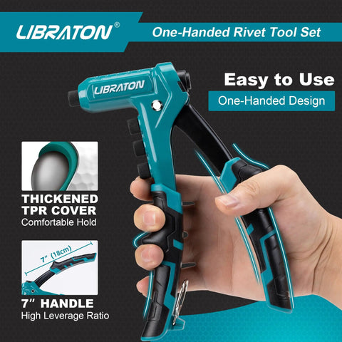 One-Handed Pop Rivet Gun Kit With 200 Rivets, 4 Drill Bits, And 4 Tool-Free Interchangeable Heads in hand showing ergonomic design