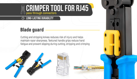 RJ45 Crimp Tool Kit With 50 Cat6 Pass Through Connectors And 50 Strain Relief Boots Plus Extra Blades EZ Cut Strip Crimp Ethernet Cables Pro Network Crimping Tool For Home Or Office DIY Friendly product image showing crimper tool with blade guard and connectors.