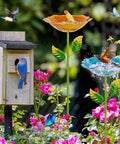 Colorful Metal Bird Bath for Outdoors, Flower Garden Hummingbird Bath on Five Stakes, Small Birdbath for Garden Decor, 31.3 Inches High and 10.63 Inch Diameter, Blue and Yellow, 2 Pack with birds and flowers