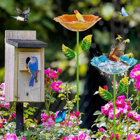 Colorful Metal Bird Bath for Outdoors, Flower Garden Hummingbird Bath on Five Stakes, Small Birdbath for Garden Decor, 31.3 Inches High and 10.63 Inch Diameter, Blue and Yellow, 2 Pack with birds and flowers