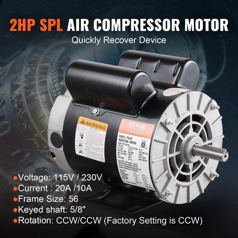 Beefed Up 2HP Single Phase Air Compressor Motor 115/230V 20/10A Open Drip Proof 56 Frame 3450RPM 5/8 Inch Keyed Shaft