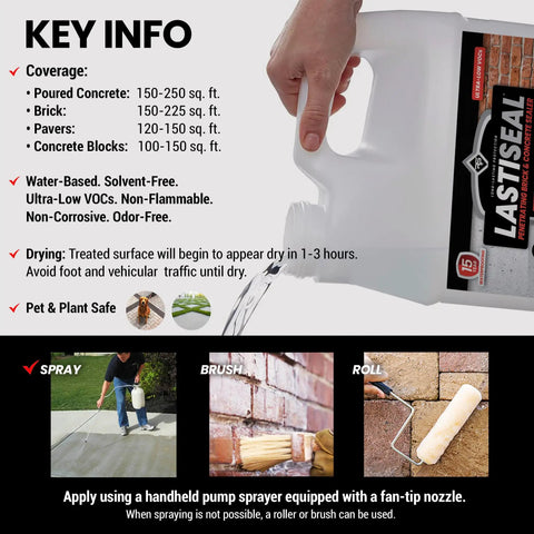 Heavy Duty Water Based Brick And Concrete Sealer Gives Your Masonry Super Solid Satin Finish While Kicking Moisture And Weather Wear For Up To 15 Years With A Subtle Low Gloss Look In 5 Gallons, usage instructions and coverage details.