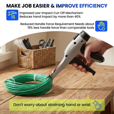 Ergonomic Cable Tie Gun For Heavy Duty Zip Ties Featuring Adjustable Tension Control cutting green cable with low impact grip.