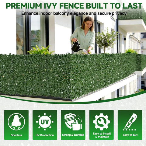 Artificial Ivy Fence Privacy Screen 120x40 Inches UV Resistant Dense Faux Greenery Backdrop on balcony with realistic leaves