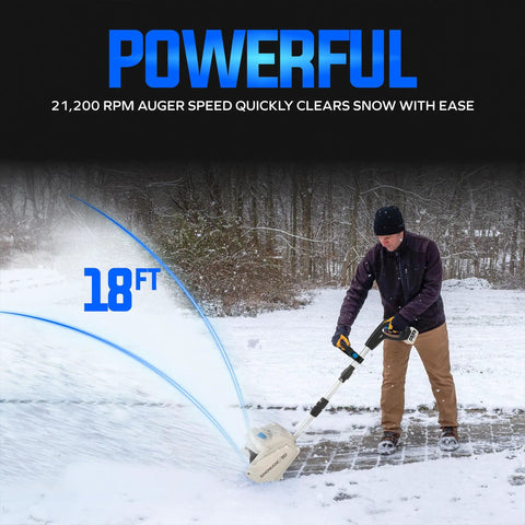 Person using Cordless Electric Snow Shovel Kit With Adjustable Handle 20V Max Battery And Charger 10 Inch Clearing Path