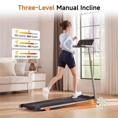 Person using 2 In 1 Folding Treadmill With Height Adjustable Desk For Home Office Use, Standalone Workout Machine in living room