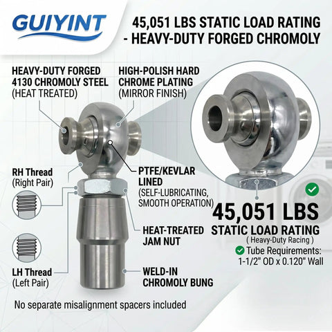 7/8-14 Heim Joint Rod End Kit With Tube Adapters For Heavy Duty Off Road Suspension, Chromoly 0.875 Inch Joints Panhard Kit Right And Left Hand Thread With Jam Nut And Bung, Includes 2 Pairs. chromoly heim joint with jam nut and weld-in bung