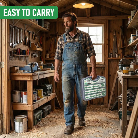 Man in workshop carrying Heavy Duty Stainless Steel 304 Hex Bolts Nuts Flat Washers Assortment Kit 212 Piece SAE Hardware Set.