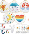Five Piece Starter Embroidery Kit For Beginners With Boho Cross Stitch Patterns, Two Embroidery Hoops, Floss, Needles, Guide
