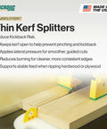 Thin Kerf Table Saw Splitter For Anti Kickback Safety And Clean Hardwood Ripping, positioned near a wood plank to prevent kickback.
