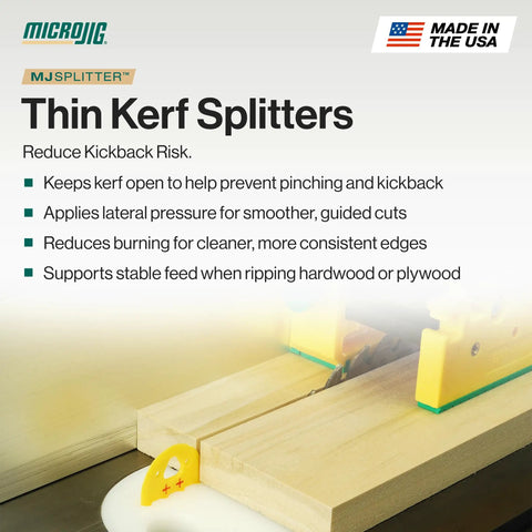Thin Kerf Table Saw Splitter For Anti Kickback Safety And Clean Hardwood Ripping, positioned near a wood plank to prevent kickback.