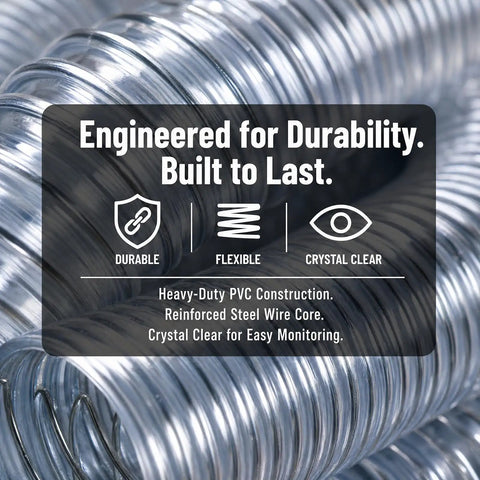 4 Inch Clear PVC Dust Collection Hose 10 Foot Flexible Puncture Resistant Fume Hose With Carbon Steel Wire Coil For Your Home Shop Setup See Through Design For Easy Dust And Debris Check, showcasing coiled wire and clear PVC