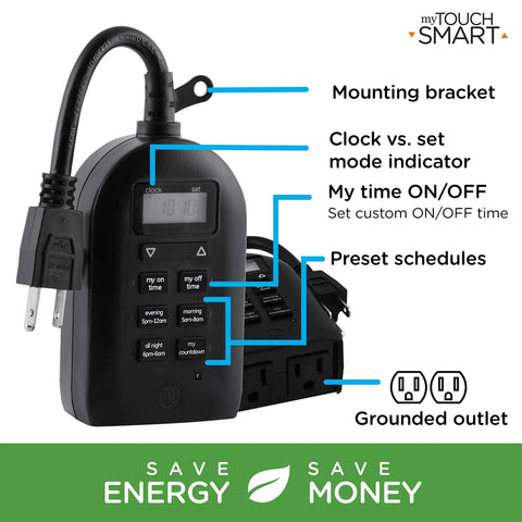 Weatherproof Digital Plug In Timer With Dual Outlets Indoor Outdoor Ready Custom On Off Presets 24 Hour Countdown display.