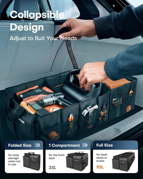 Foldable Car Trunk Organizer With Three Compartments And Six Mesh Pockets, Heavy Duty Storage for SUVs and Sedans in use.
