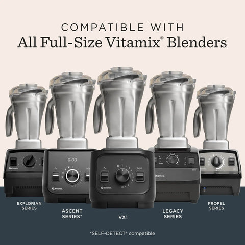 Five full-size Vitamix blenders with 48-Ounce Stainless Steel Blender Container With Self-Detect, Dishwasher Safe, BPA-Free Clear Lid.