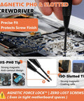 Magnetic PH0 and slotted screwdriver used for precise fit in motherboard repair, ideal for Heavy Duty 167 Piece Computer Screw Kit With M.2 NVMe SSD Hardware And No Sweat Pc Builder Essentials For Hassle Free Motherboard Mounting And Quick Upgrades Across All Major Brands.