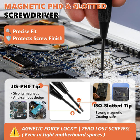 Magnetic PH0 and slotted screwdriver used for precise fit in motherboard repair, ideal for Heavy Duty 167 Piece Computer Screw Kit With M.2 NVMe SSD Hardware And No Sweat Pc Builder Essentials For Hassle Free Motherboard Mounting And Quick Upgrades Across All Major Brands.