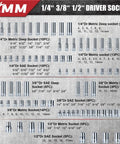 Assortment of 1/4, 3/8, 1/2 inch drive sockets from Professional Mechanics Tool Set With 1/4 Inch, 3/8 Inch And 1/2 Inch Drive Sockets, 202 Piece Kit Including Ratchets, Wrenches, Sockets And Specialty Bits For Automotive Repair And Outdoor Maintenance In A Durable Toolbox displayed by type.