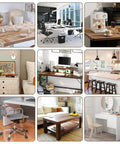 Collage of home and office spaces with various furniture including desks, chairs, coffee table, and kitchen counters.