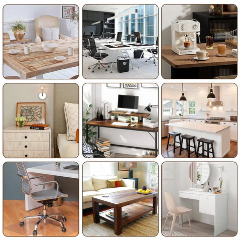 Collage of home and office spaces with various furniture including desks, chairs, coffee table, and kitchen counters.