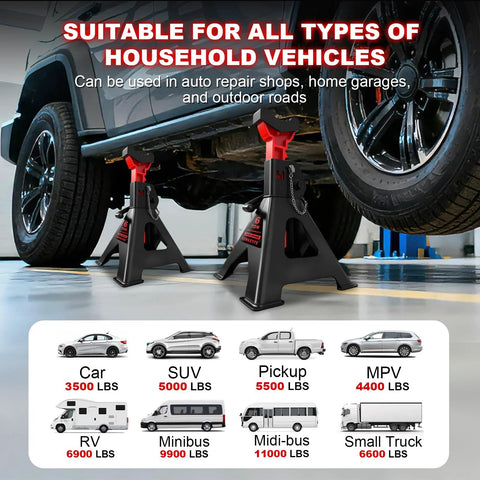 SENKEYFE 6 Ton jack stands, pair with double-pin locking, black steel with red top and wide feet