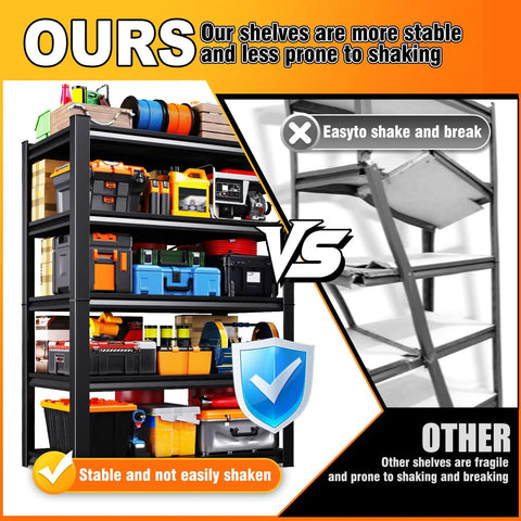 72 Inch High 35 Inch Wide Built Tough 5 Adjustable Tiers Heavy Duty Metal Garage Shelving Unit For Kitchen Pantry Laundry Workshop Sturdy Stackable Storage Rack For Flexible Organization, black steel shelf comparison