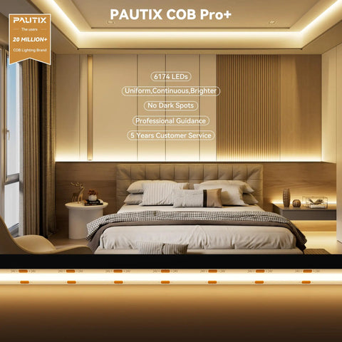 Ultra Bright 40ft COB LED Strip Lights 504 LEDs/m Warm White 3000K CRI90 Plus Flexible Tape installed in bedroom setting