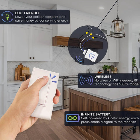 Hand holding Battery-Free DIY Wireless Light Switch Kit With 150Ft RF Range Self-Powered By Kinetic Energy in a kitchen.