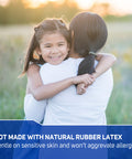 Young girl hugging adult outdoors, promoting non-latex bandages for sensitive skin. Extra Large Fabric Adhesive Bandages 3x4 Inches Nonstick Breathable Flexible Wound Care For First Aid Must Have Helps Prevent Infection Sterile Cover With Comfortable Fit Easy To Apply 30 Count.
