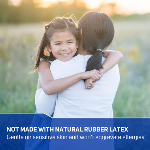 Young girl hugging adult outdoors, promoting non-latex bandages for sensitive skin. Extra Large Fabric Adhesive Bandages 3x4 Inches Nonstick Breathable Flexible Wound Care For First Aid Must Have Helps Prevent Infection Sterile Cover With Comfortable Fit Easy To Apply 30 Count.