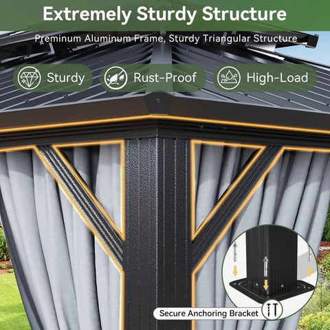 Close-up of corner view of 10x12 Outdoor Gazebo With Double Galvanized Steel Roof, Rust Resistant Patio Pavilion, gray structure.