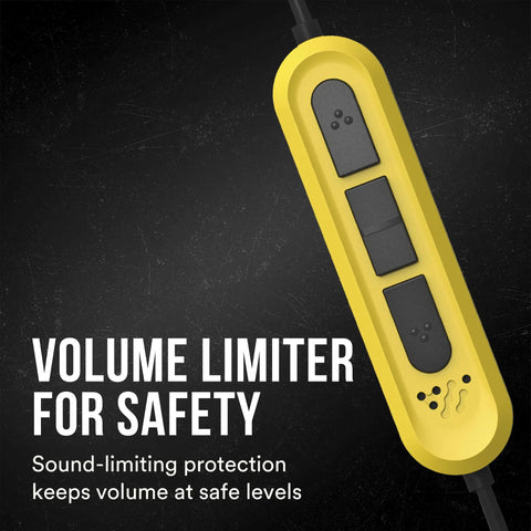 Bluetooth 6.0 Hearing Protection Earbuds With 19dB NRR control panel with volume limiter feature in yellow and black.
