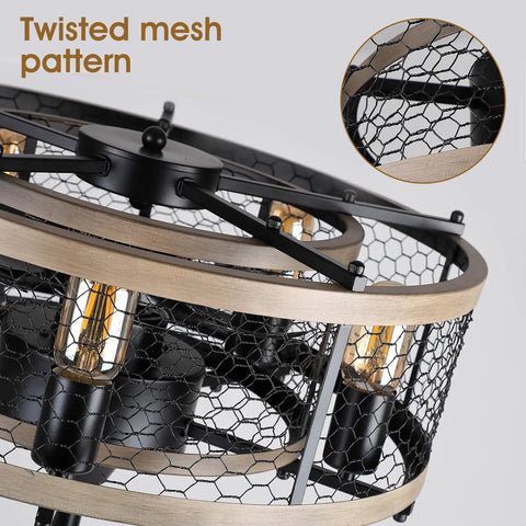 Dope 20 Inch Caged Bladeless Ceiling Fan With Lights And Remote Black Rustic Farmhouse Style, twisted mesh pattern close-up
