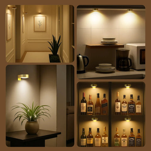 3 Pack Wireless Picture Lights For Wall, Battery Operated Poster Lamps With Polished Gold Finish, bright lights illuminating hallway and shelves.