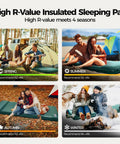 Self Inflating Sleeping Pad With Electric Pump For No Fuss Quick Setup 3.15 Inch Memory Foam Camping Pad R Value 9.5 Built In Pillow 4 Season Mat being used in spring, summer, autumn, and winter outdoor camping scenarios