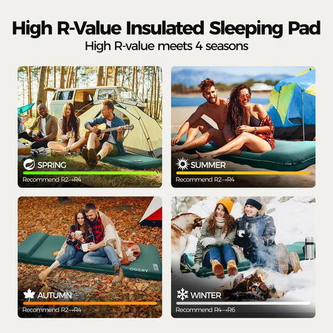 Self Inflating Sleeping Pad With Electric Pump For No Fuss Quick Setup 3.15 Inch Memory Foam Camping Pad R Value 9.5 Built In Pillow 4 Season Mat being used in spring, summer, autumn, and winter outdoor camping scenarios