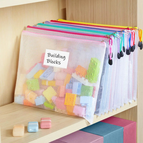 Mesh Zipper Pouch Bags 20 Pack With Label Pockets Waterproof A4 Letter Size Document Organizers displayed on shelf with toys