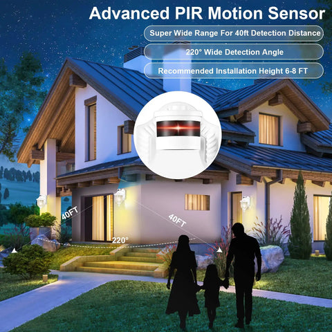 Motion Sensor Outdoor Light With Dusk To Dawn, Wall Mount Lantern illuminating a house at night, demonstrating detection range and angle.